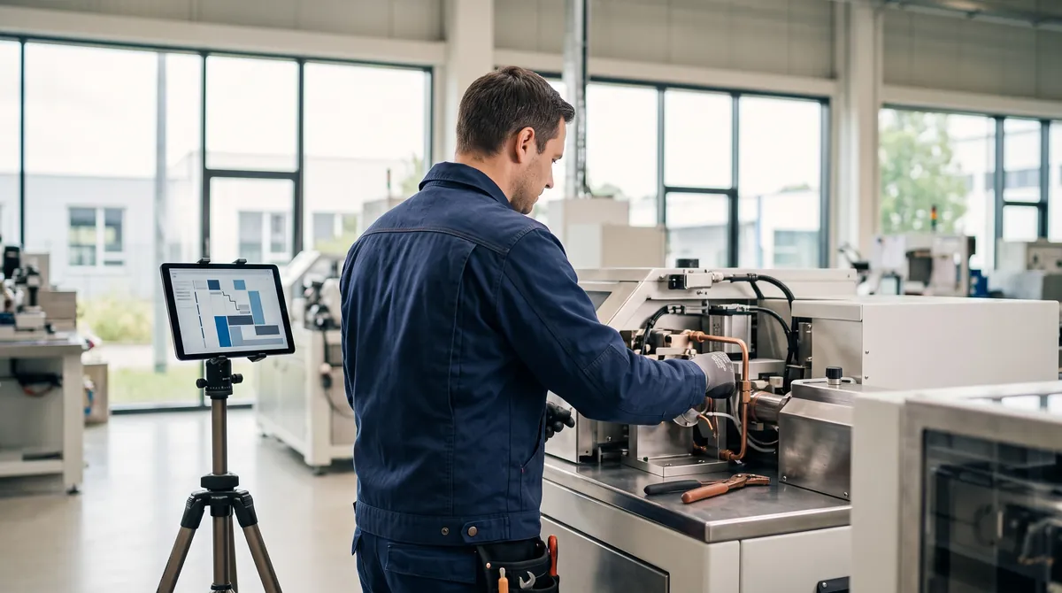 Servicetechniker wartet eine Industriemaschine, daneben ein Tablet mit Wartungsplan