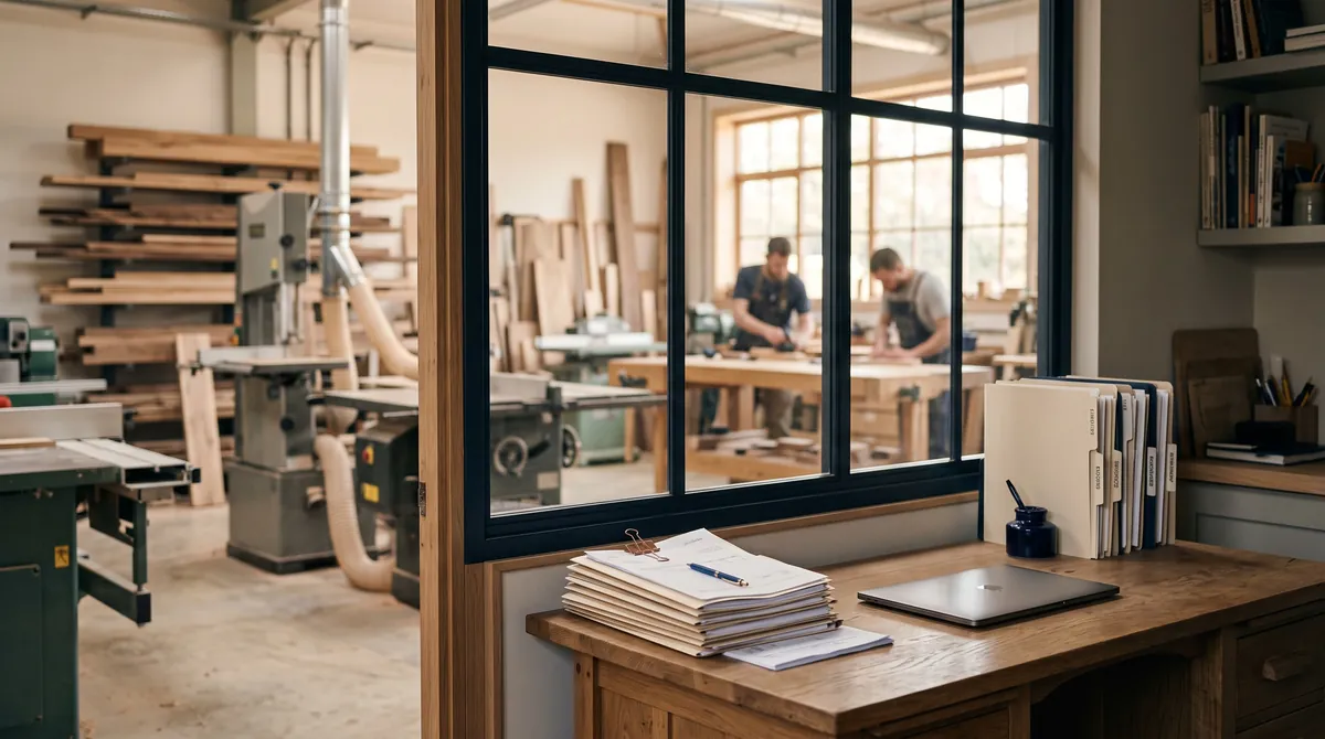 Büro einer Werkstatt mit Auftragsordnern, Rechnungen und Blick in die Halle