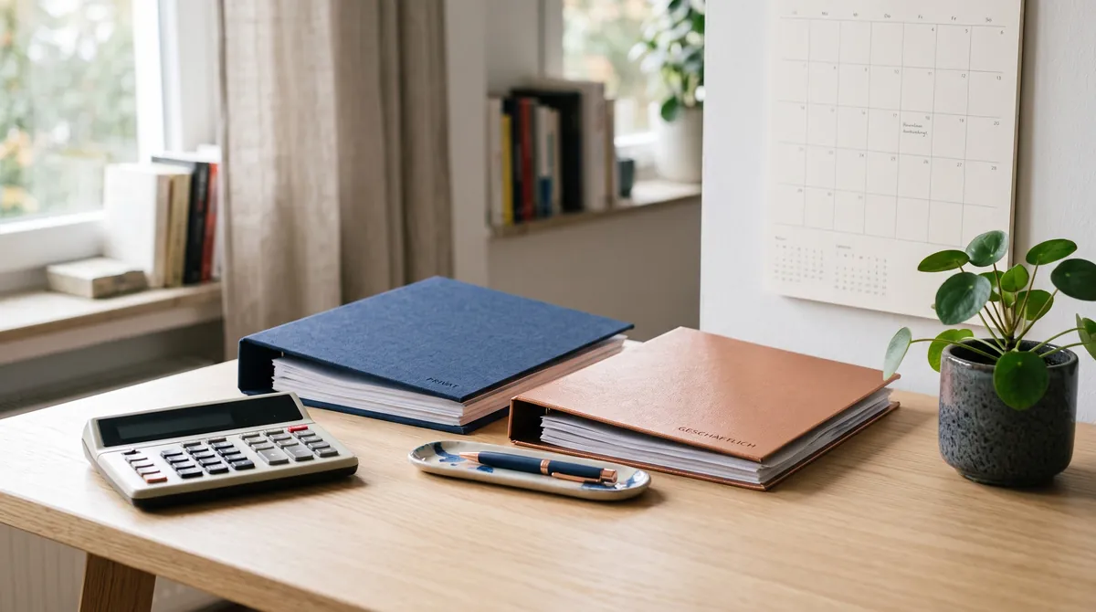 Schreibtisch mit zwei getrennten Mappen, Taschenrechner und Kalender