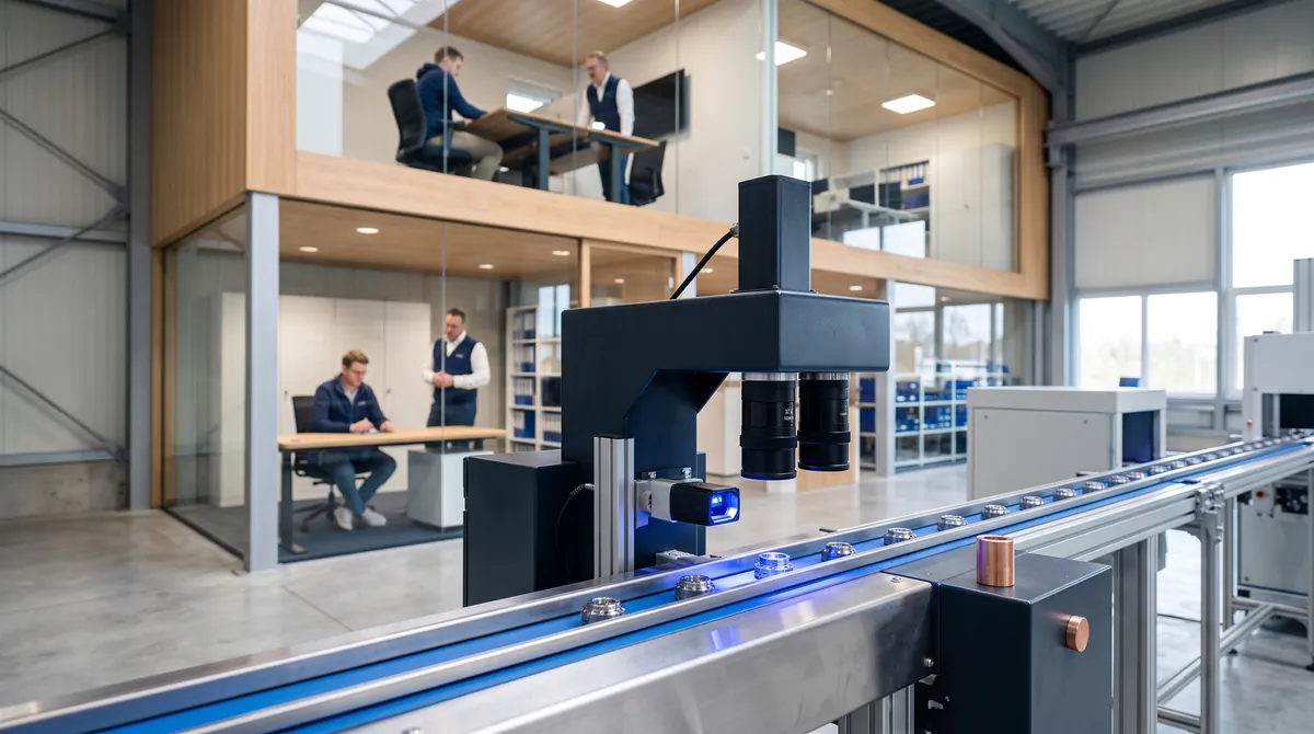 Helle Fertigungshalle eines Mittelständlers mit Kamera-Prüfstation und Büro auf der Galerie
