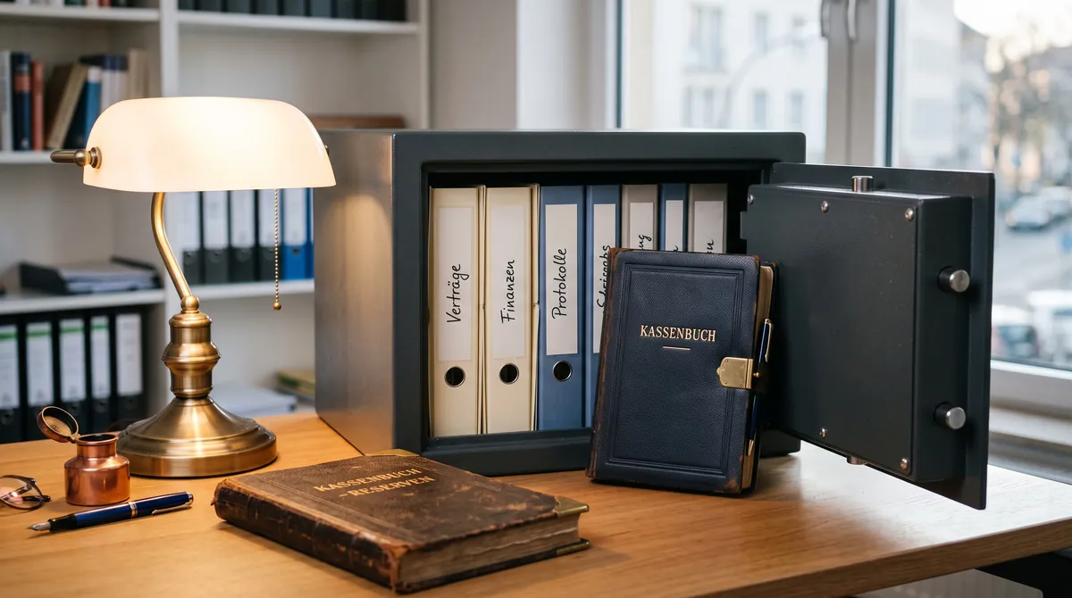 Offener kleiner Bürotresor mit sauber gebündelten Mappen und einem Kassenbuch