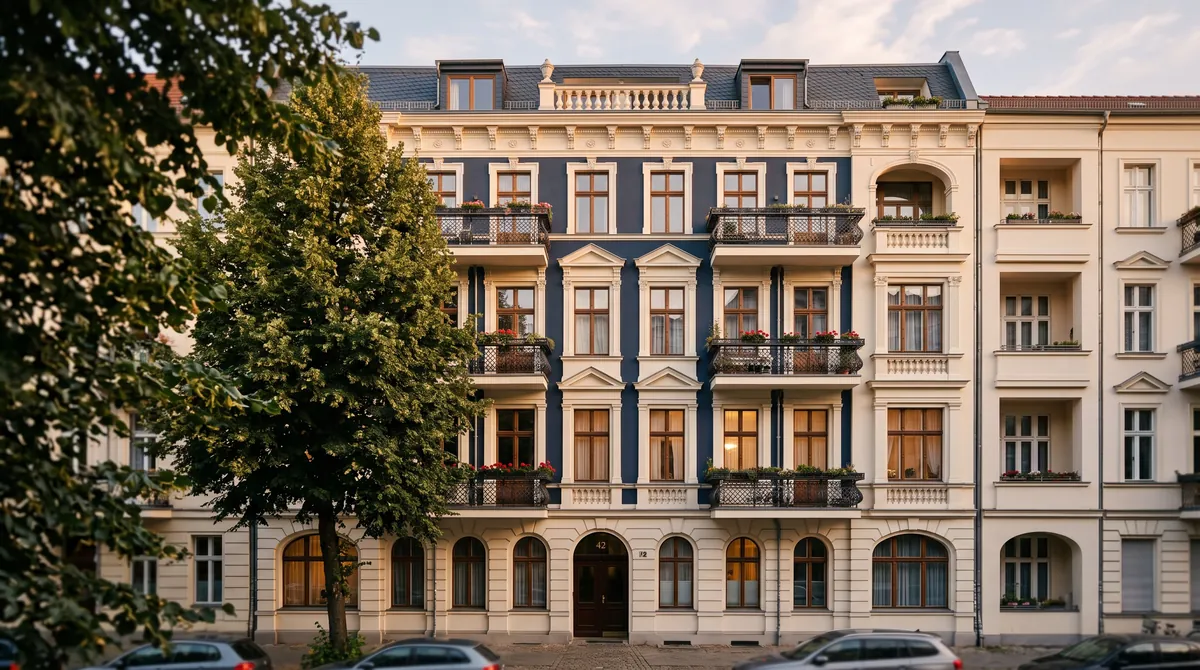 Sanierte Altbaufassade mit hohen Fenstern und Balkonen im Abendlicht